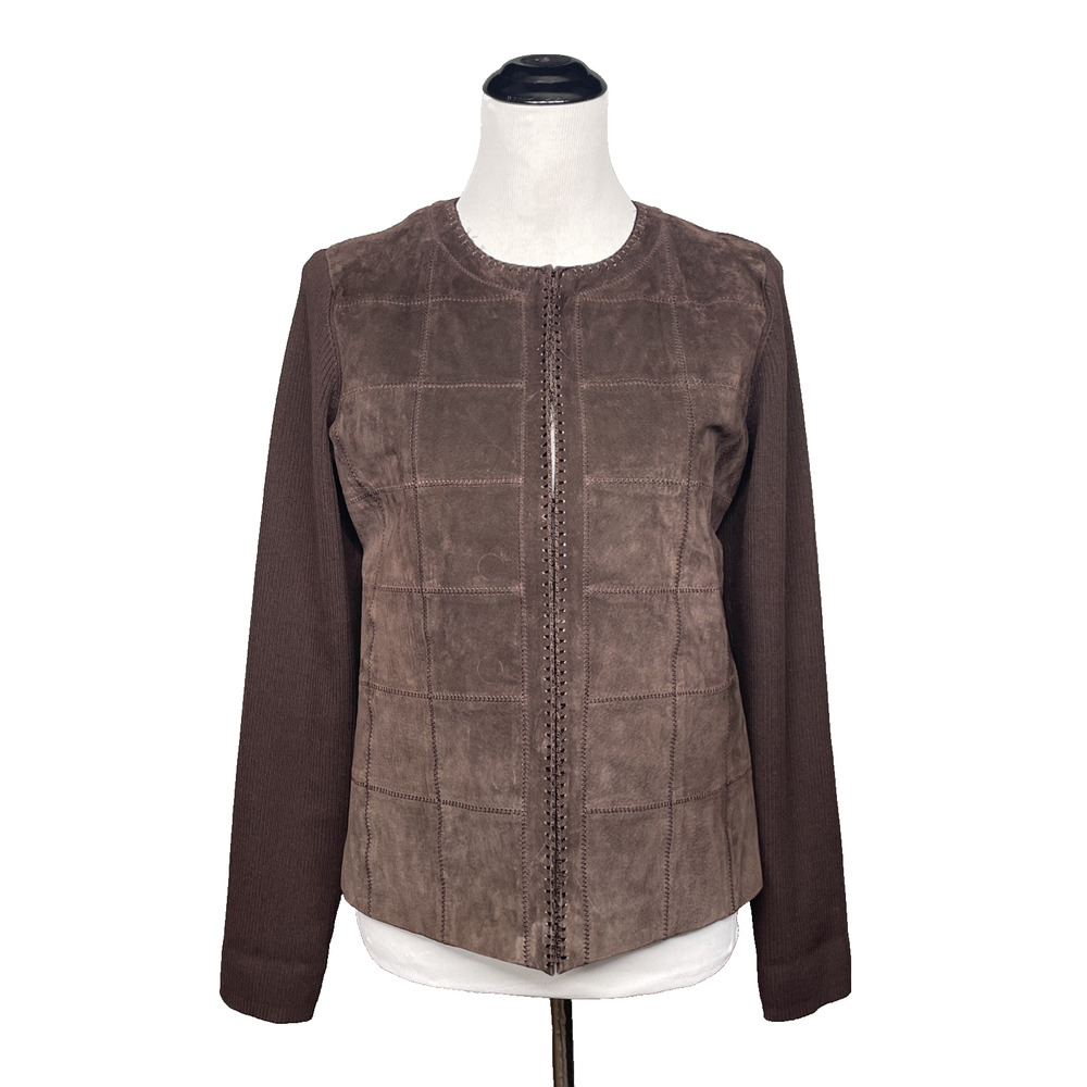 Cable & Gauge Leather/Silk Cotton Trim Jacket Brown Knit Open Front Sz L Patch